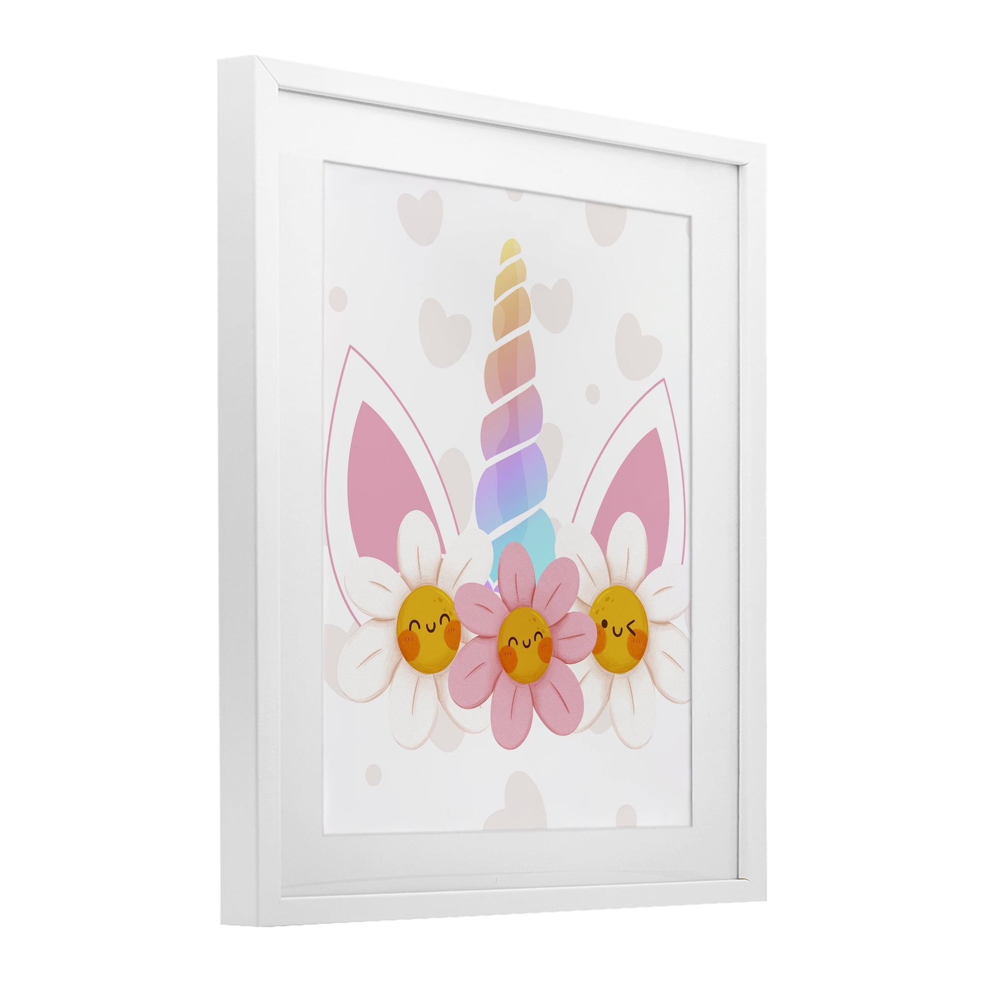 Daisy Unicorn with Hearts White Framed Print Under Glass, design by Jesse Keith