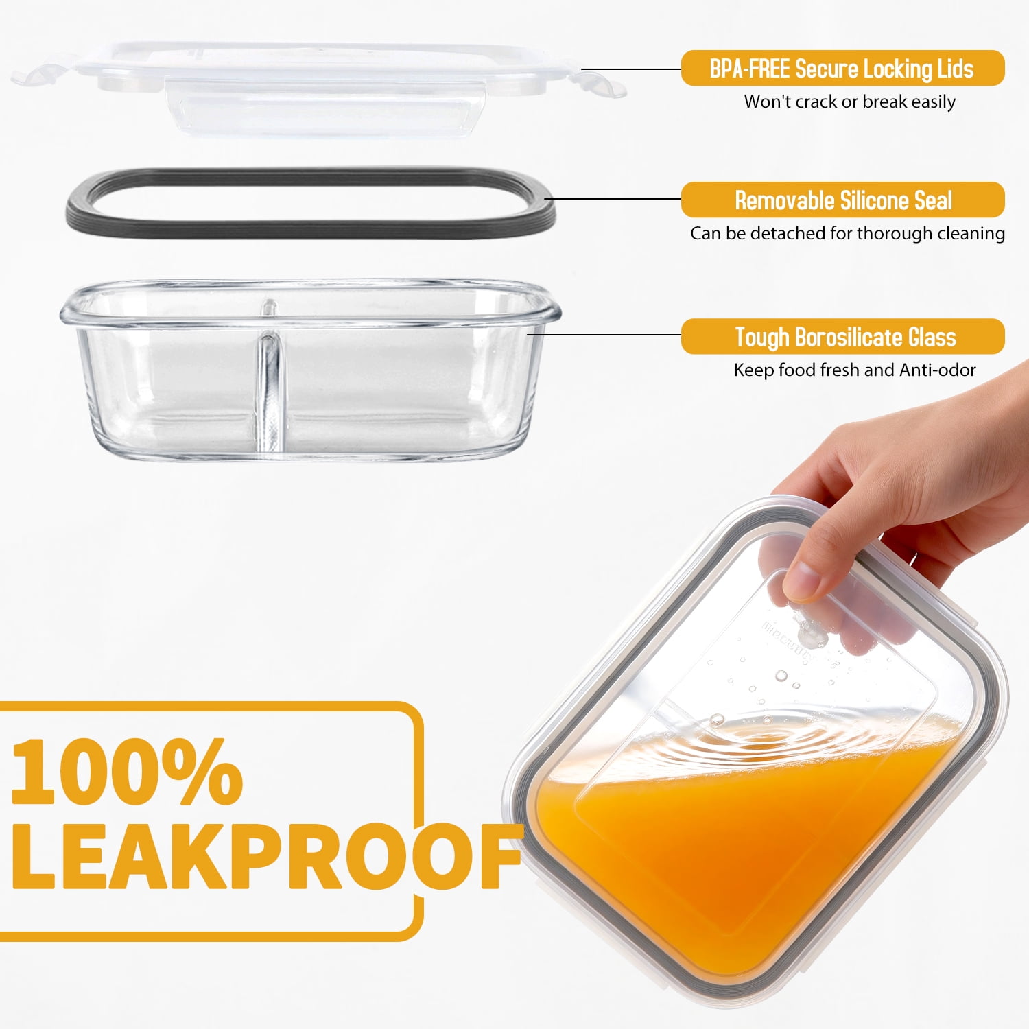 20 Pcs Glass Food Storage Containers with Lids 22oz, 1 & 2 Compartment Glass Airtight Meal Prep Containers with Sauce Containers(10 Containers & 10 Lids), Oven & Freezer Safe, Leak Proof, Grey