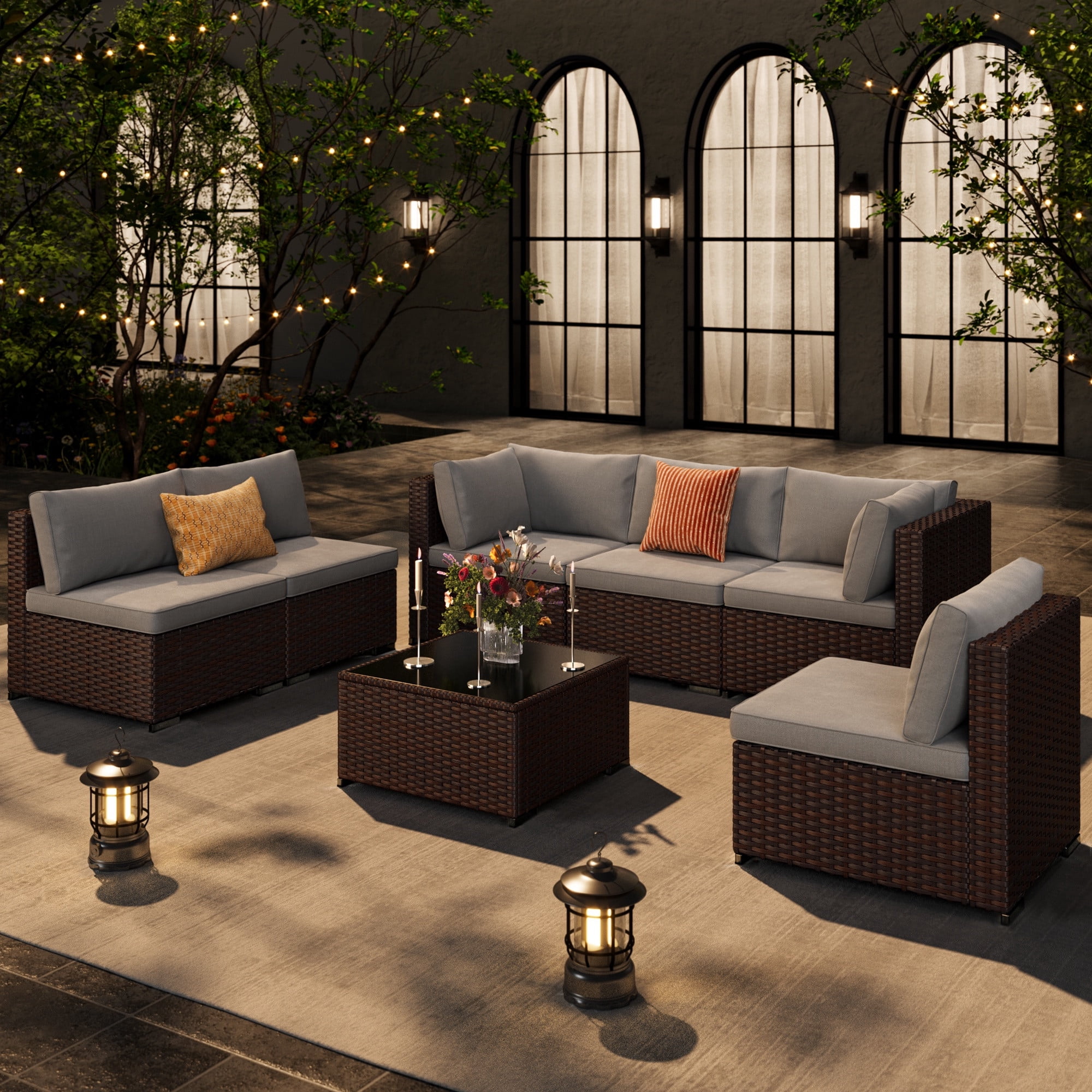 Noelse 7 Piece Outdoor Patio Furniture Set,Outdoor Sectional Furniture Set with Glass Coffee Table, Cushion, for Garden, Porch, Gray