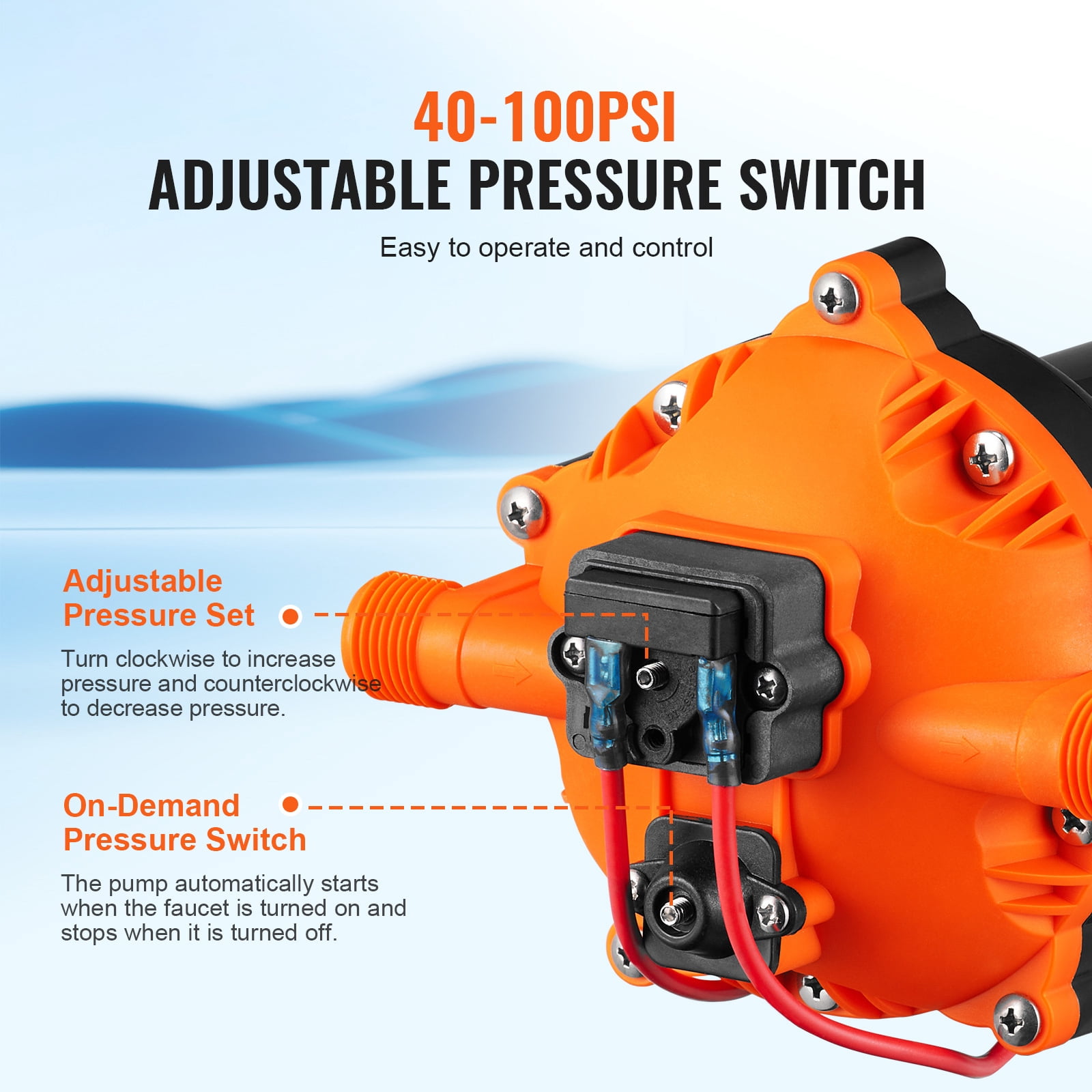 KFFKFF 12V Water Pressure Diaphragm Pump, 70 PSI (Adjustable from 40 to 100 PSI) 17A Self-Priming Pump with 5.5 GPM for Boat RV, 216W
