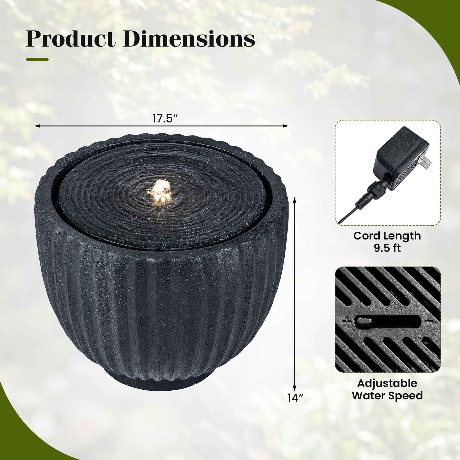 Costway 17.5” Outdoor Round Sphere Water Fountain with LED Lights & Pump for Garden Patio
