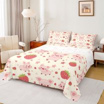 jejeloiu Red Sweet Strawberry Twin Sheet Sets,Pink Cartoon Pig Bedding For Girls Kids 3 Pieces