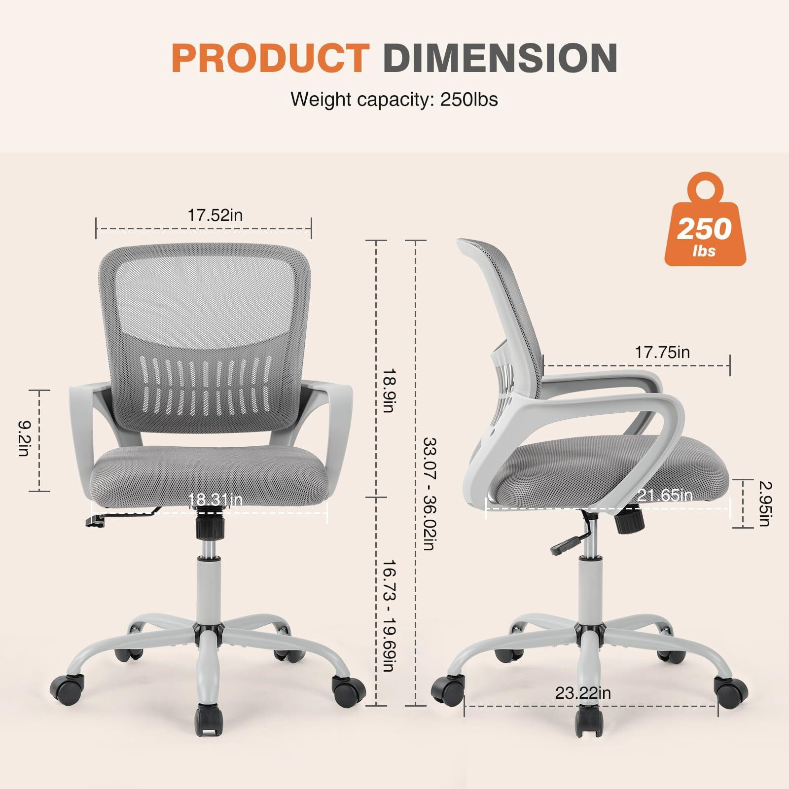 Kelno Ergonomic Mesh Office Chair Mid Back Desk Chair with Lumbar Support Adjustable Height Swivel Task Chair, Gray