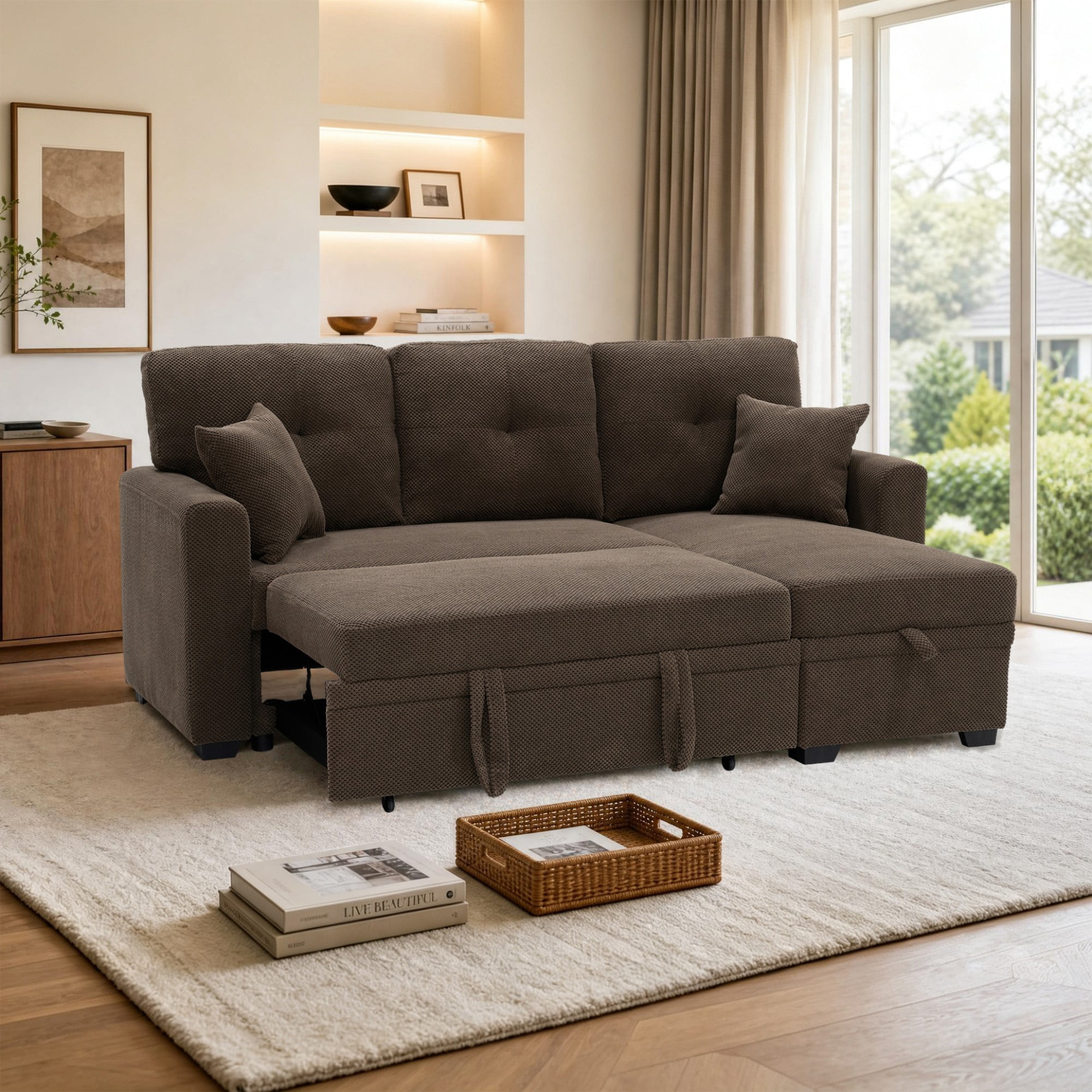 BSHTI 71"Foil Fabric L-Shaped Pull-Out Sleeper Sofa Bed with Reversible Chaise, Hidden Storage for Living Room（Coffee）