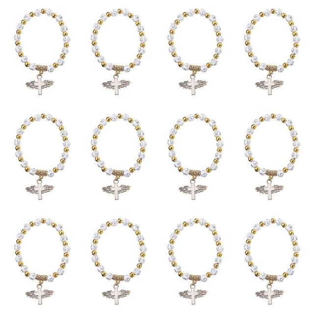 12pcs Children Baptism Bracelets Rosary Beads Crucifix Cross Hand Chains (White)