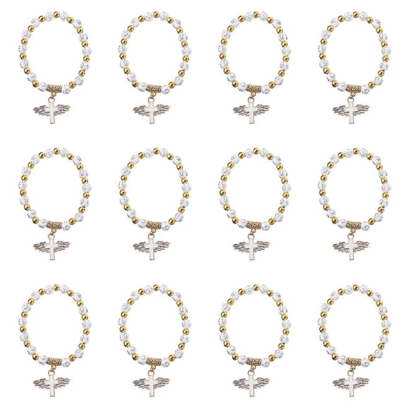 12pcs Children Baptism Bracelets Rosary Beads Crucifix Cross Hand Chains (White)