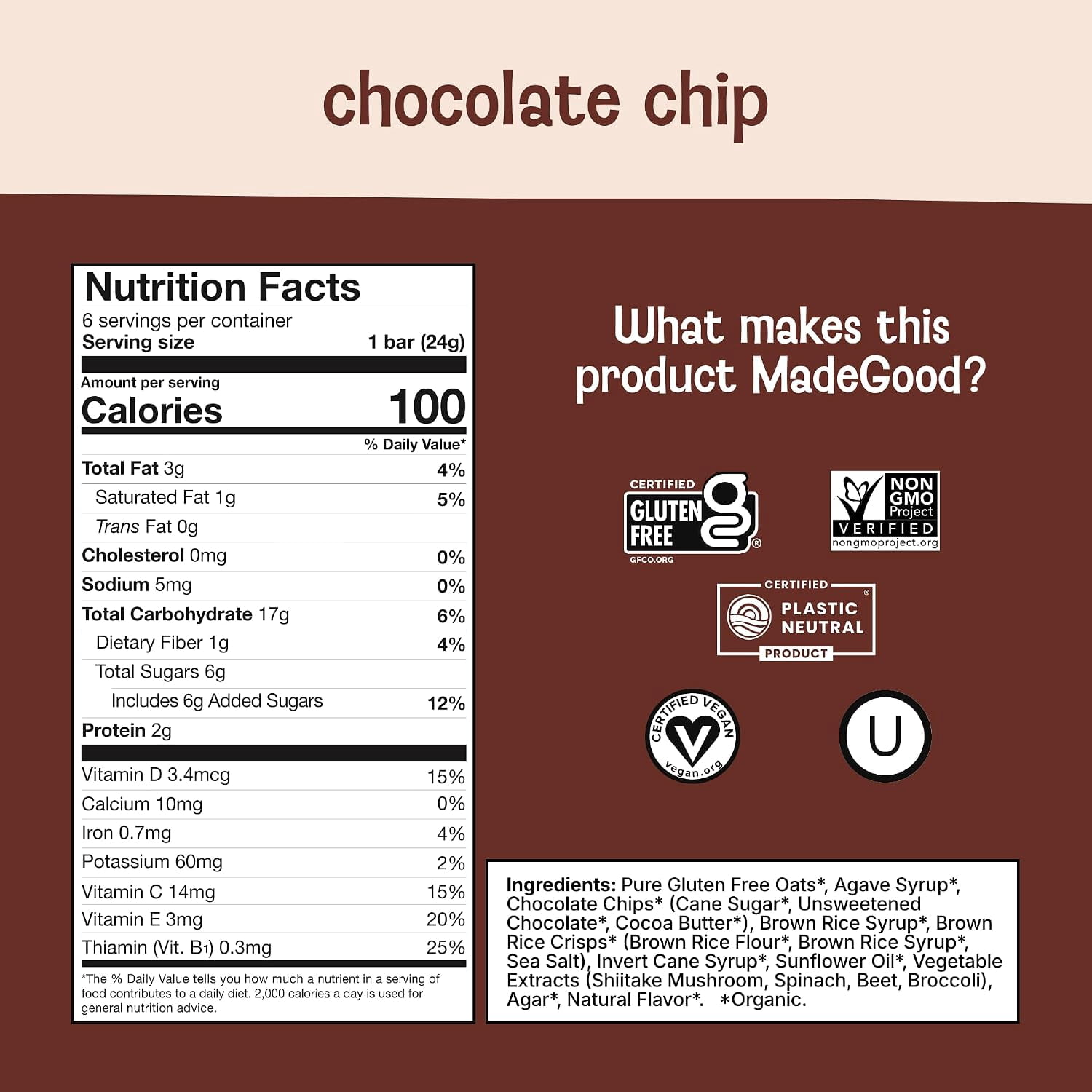 MadeGood Organic Granola Bars Gluten Free Chocolate Chip 6 Bars Pack of 3
