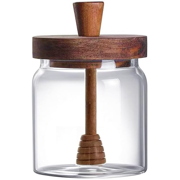 Januofit Glass Honey Jar with Dipper and Lid, 14 OZ Airtight Honeypot with Acacia Wood Lid, Coffee Syrup Dispenser, Round Honey Storage Container, Kitchen Dining Gifts for Her Bar Accessories