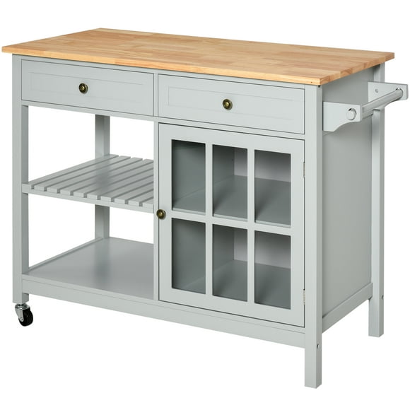 HOMCOM Kitchen Island Cart with Rubber Wood Top, Cabinet and 2 Drawers