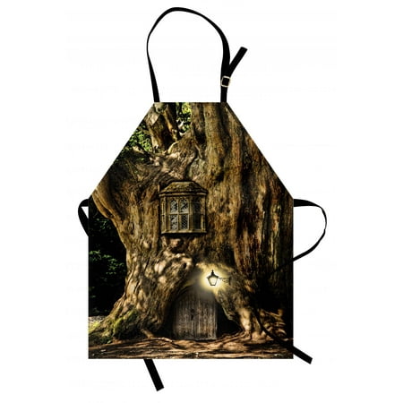Fantasy Apron Fairytale House in Tree Trunk in Forest with Lanterns Folk Stories Themed Design, Unisex Kitchen Bib Apron with Adjustable Neck for Cooking Baking Gardening, Umber Brown, by