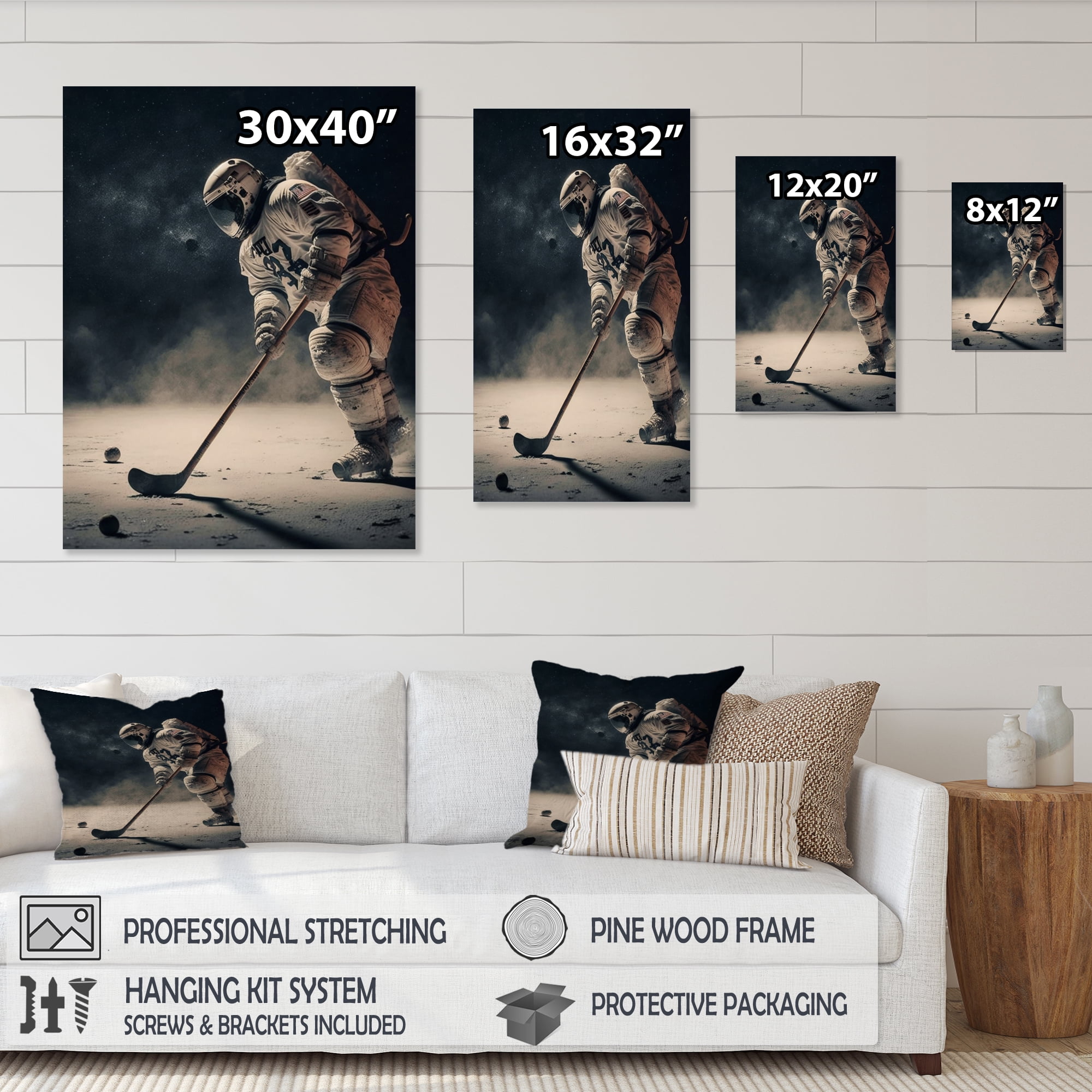 Designart Spaceman Playing Hockey Canvas Wall Art