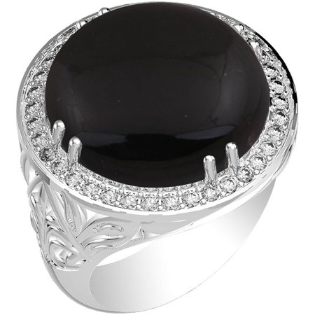 15.15ct, Genuine Black Onyx Round & .925 Silver Overlay Cocktail Solitaire Ring Size-8
