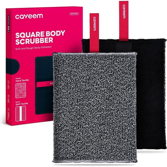 Exfoliating Body Scrubber, Large Bath and Body Scrub Buffer, Dual Texture Body Exfoliator for Remove Dead Skin, Soft and Rough Lightweight Square Sponge for Shower (2 Pack)