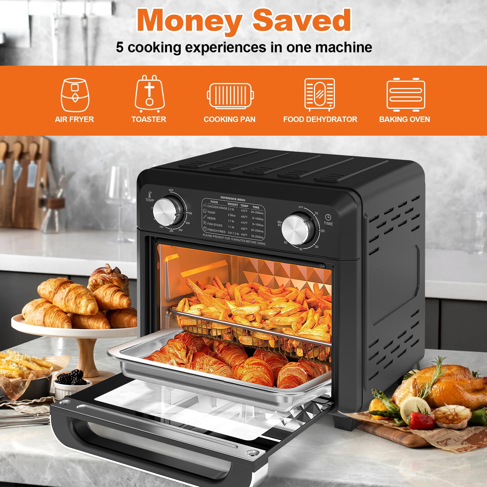 Plum Chef Air Fryer Toaster Oven 11QT, 5-in-1 Countertop Oven with Rapid Air Circulation, Air Fry, Bake, Broil, Dehydrate, Toast, for 1-2 People, 1000W, Oil-Free, Includes Frying Basket & Baking Pan