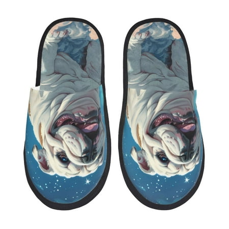 

Qekee Starry Sky Cloud Bulldog print Slippers for Women and Men Fluffy Cute Cozy House Slipper Funny Furry Bedroom Slippers for Women Indoor -Large