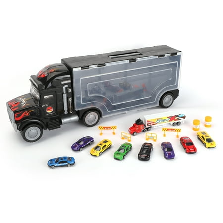 - Ktaxon 16-Piece Kids Giant 2-Sided Transport Car Carrier Semi Truck Toy w/ 6 Accessories,9 Cars - Multicolor