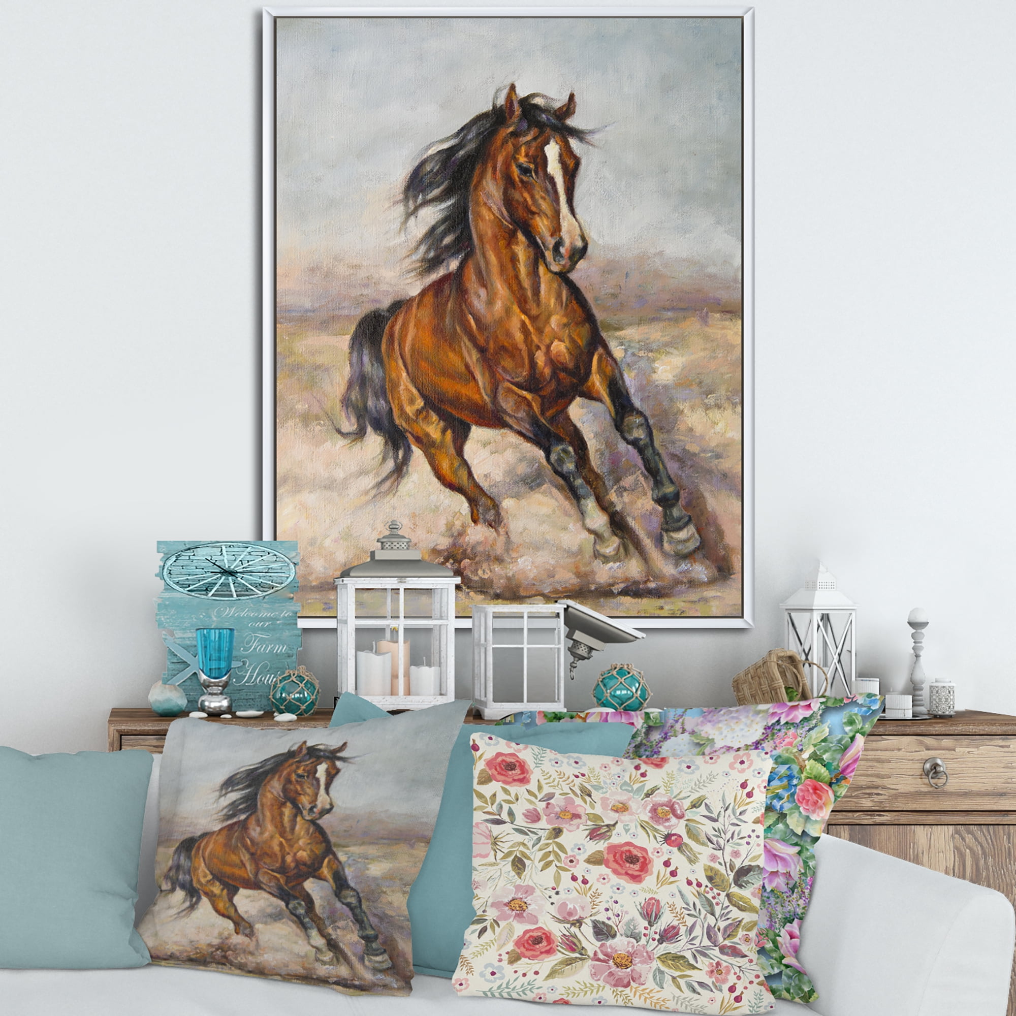 Designart 'A Brown Horse In The Race' Farmhouse Framed Canvas Wall Art Print