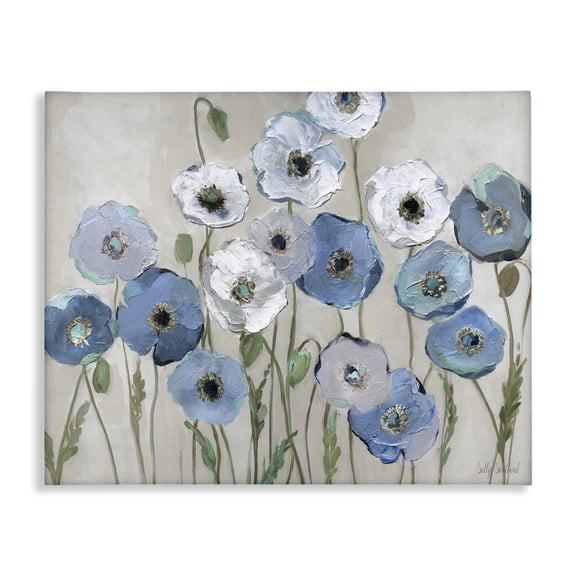 Stupell Industries Round Blue & White Poppies Plants & Flowers Painting Wrapped Canvas Art Print Wall Art, 20 x 16