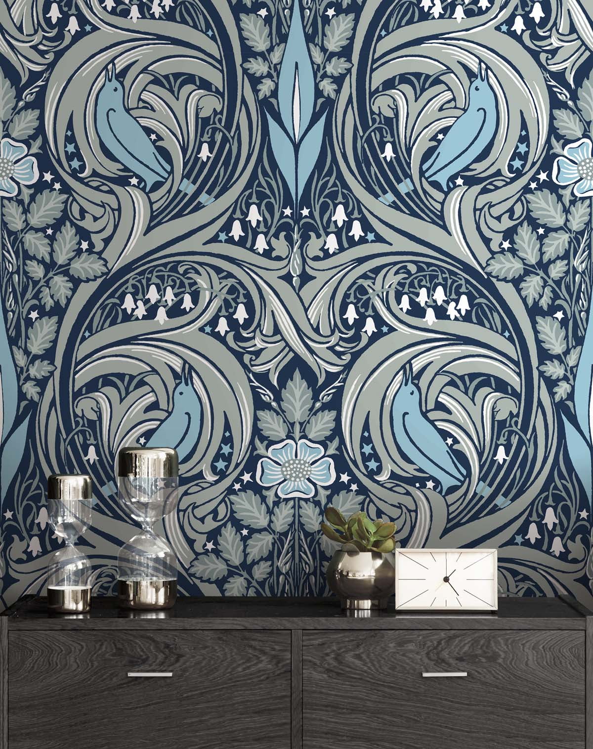 NextWall  Bird Ogee Peel and Stick Wallpaper 20.5 in. W x 18 ft. L - Navy & Sky Blue