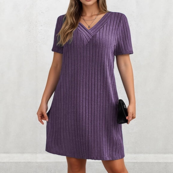IUYRTFE Women Solid Color Short Sleeve V Neck Ribbed Dress Casual Loose Fit Summer Mini Dress