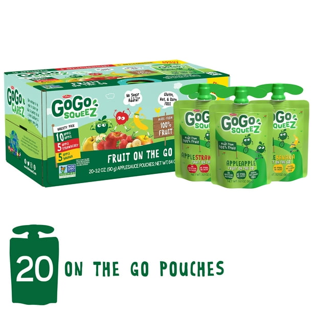 GoGo squeeZ Applesauce Pouches, Apple Apple, Apple Banana, Apple Strawberry, 20 Pack Walmart