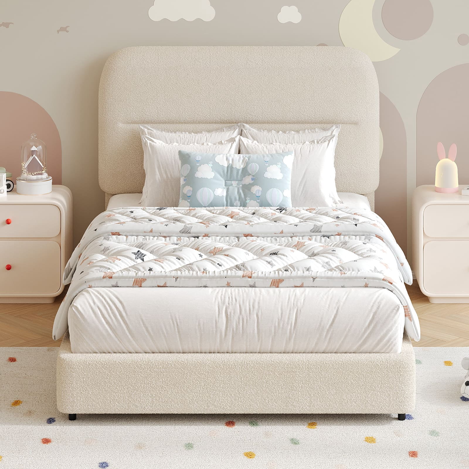 4 EVER WINNER Twin Bed Frame with Headboard, Cloud Boucle Upholstered Platform Bed with Wood Slats, Soft Rounded Corners, No Box Spring Required, Non-Slip and Noise-Free, Easy Assembly, Cream
