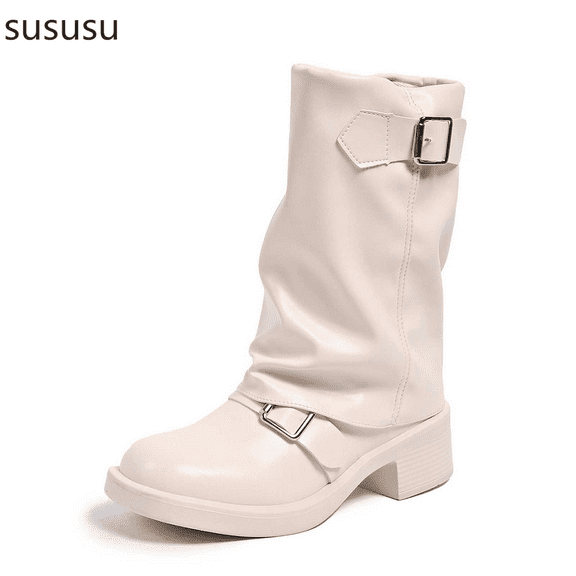 Western Cowboy Mid Calf Boots with Round Toe and Heel Featuring Buckle Detail for Everyday Wear Comfortable Pull On Design