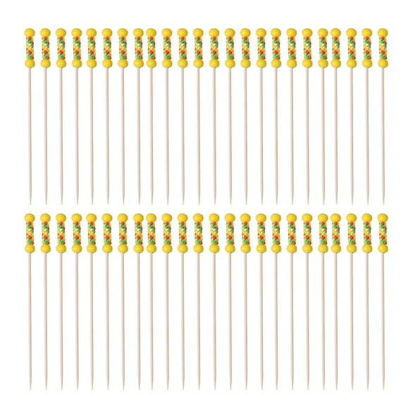 100pcs Beautiful Double Bead Shape Design Picks Creative Disposable Fruit Food Picks Decorative Cocktail Drink Picks Handy Bamboo Forks for Party Supplies Home (Yellow)