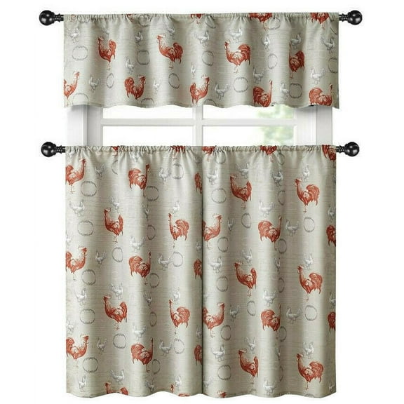 Country Farmhouse Red Rooster Barn 3 Pc. Kitchen Curtain Tier & Valance Set