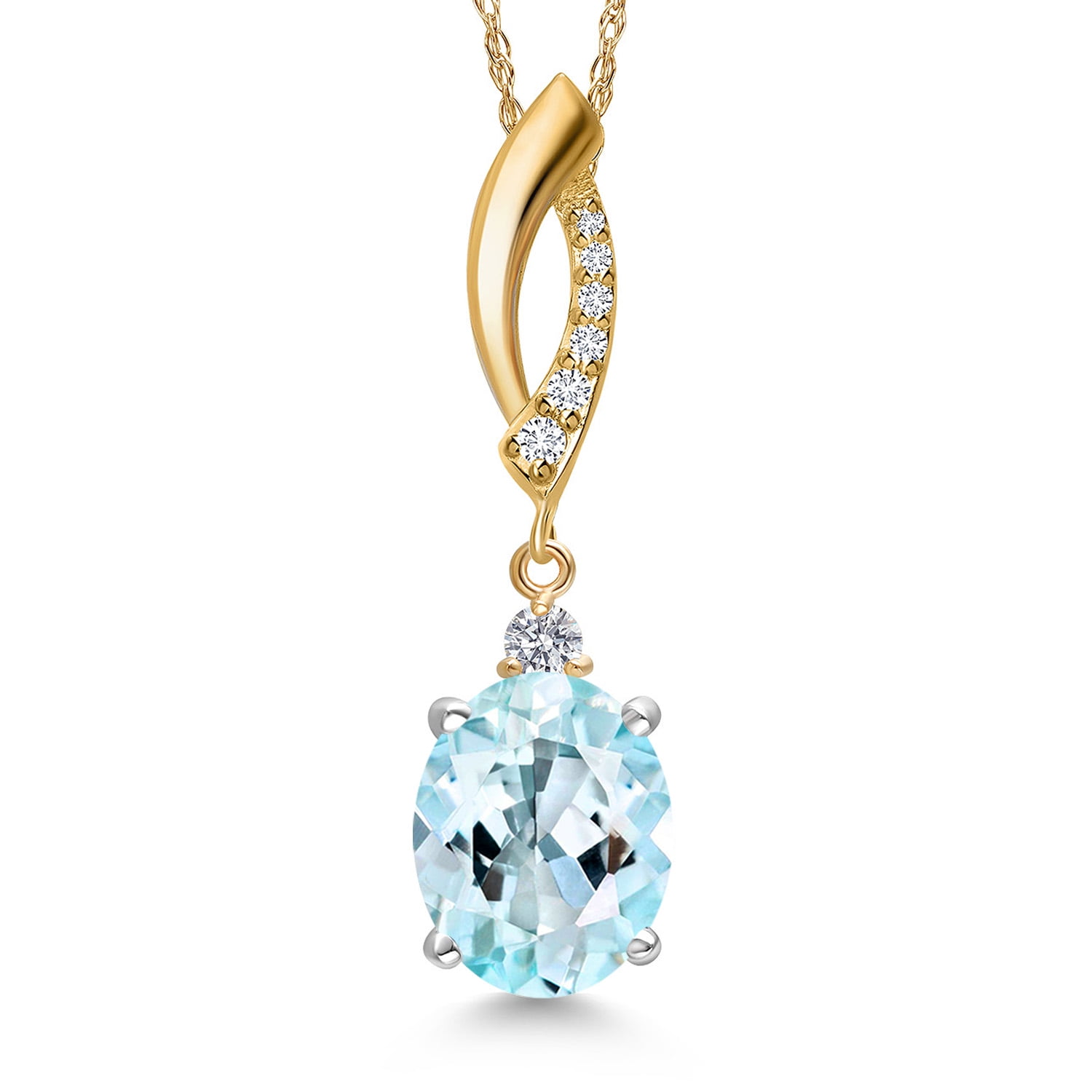 Gem Stone King 925 Silver and 10K Yellow Gold Sky Blue Topaz and Lab Grown Diamond Pendant Necklace for Women | 3.13 Cttw | Gemstone November Birthstone | Oval 10X8MM | With 18 inch Chain