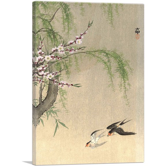 ARTCANVAS Two Barn Swallows in Flight With Willow Branch and Flowering Cherry Canvas Art Print by Ohara Koson - Size: 18" x 12" (0.75" Deep)