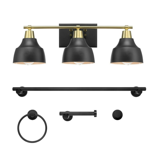 Globe Electric 5-Piece Matte Black Bath Accessory Set with 24" 3-Light Vanity Light and Matte Brass Accents, Vintage Industrial Style, LED or Incandescent Bulbs