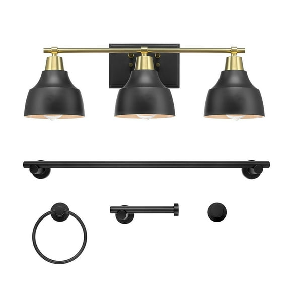 5-Piece All-In-One Matte Black Bathroom Accessory Set with 24" 3-Light Vanity Light and Matte Brass Accents