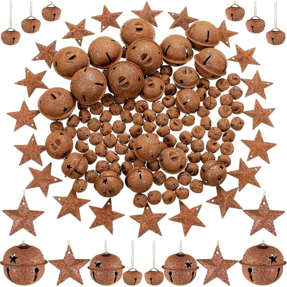 Bulk 140-Piece Rustic Bell Collection, Assorted Metal Jingle Bells and Star Ornaments for Holiday Decorating