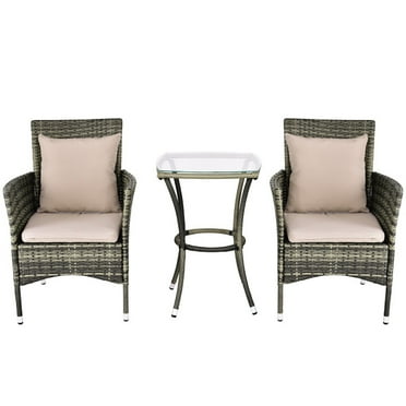 Resenkos 3 Pieces Patio Rattan Chairs and Table Set with Cushions, Gray Rattan Chair Set, Gray Rattan Sofa Set, 2 Chairs   Coffee Table, Polyester Cushions, Sturdy Steel Frame