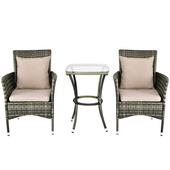 Spaco 3 Pieces Patio Rattan Chairs and Table Set with Cushions, Gray Rattan Chair Set, 2 Chairs   Coffee Table, Waterproof Cushion Covers, 400lbs Capacity