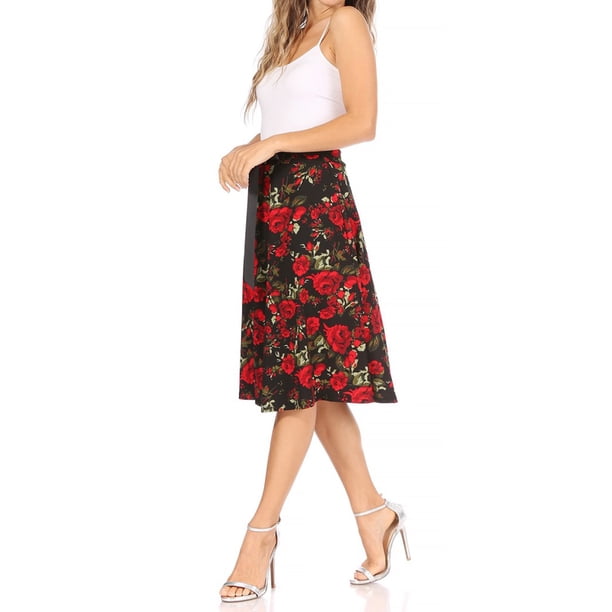 Women's Casual Floral Printed A Line Ribbon Belted Knee Length Midi Skirt - Walmart Business Supplies Women's Casual Floral Printed A Line Ribbon Belted Knee Length Midi Skirt - Walmart Business Supplies