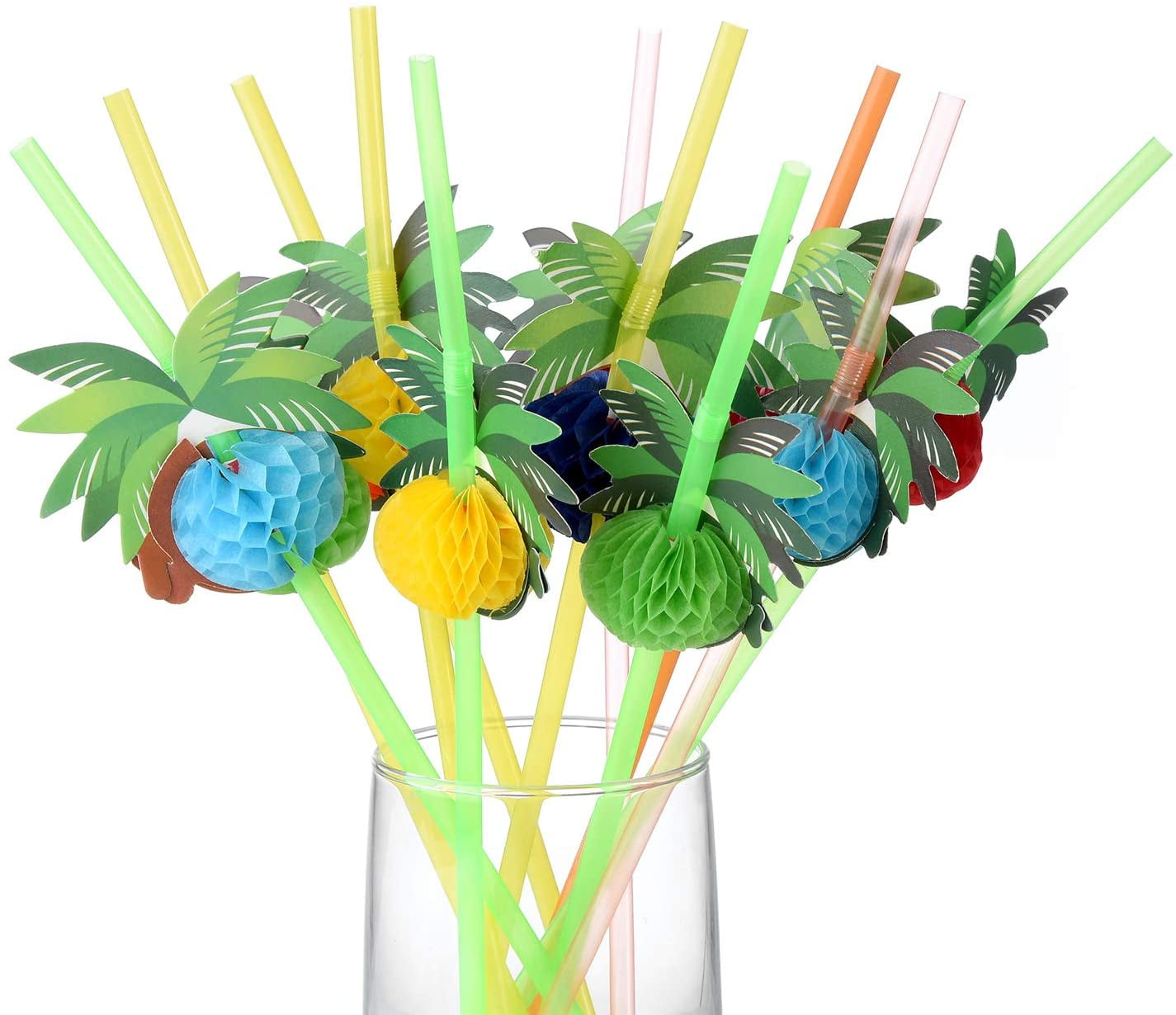 Includes 100 Pieces Palm Tree Picks Mixed Color 200 Pieces Cocktail Decoration Party Set 50 Pieces Cocktail Umbrellas Picks and 50 Pieces 3D Fruit Straws for Hawaiian Tropical Party Decoration