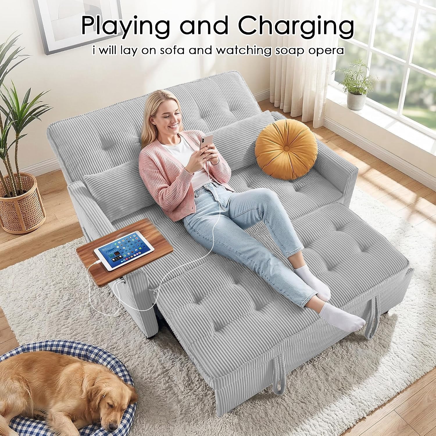 55" Sleeper Sofa Bed, Convertible Pull Out Couch with Side Stand, USB Ports, Side Pockets, Corduroy Fabric, Adjustable Backrest, Light Grey