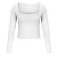 thumbnail image 4 of BLVB Women's Long Sleeve Crop Top Square Neck Double Lined Basic Slim T Shirt Base Layer Tights Fall Winter Clothes, 4 of 6