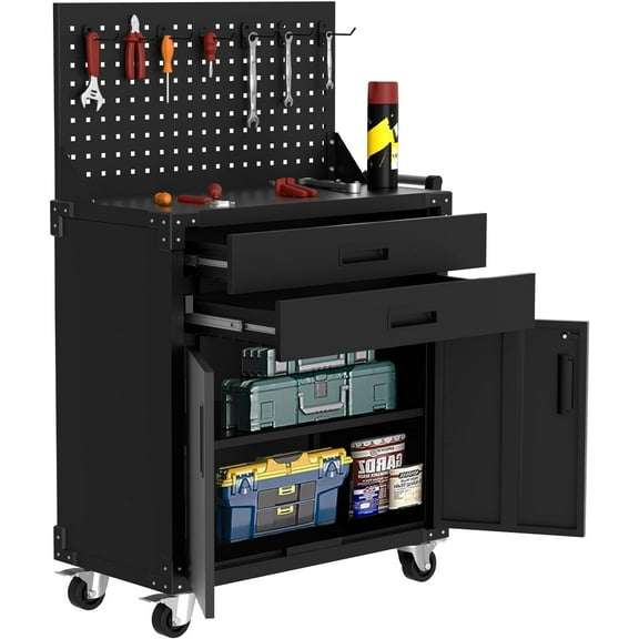 LIZHOUMIL 35" Rolling Tool Cabinet, Steel Storage with 2 Drawers, Pegboard, Wheels, Black