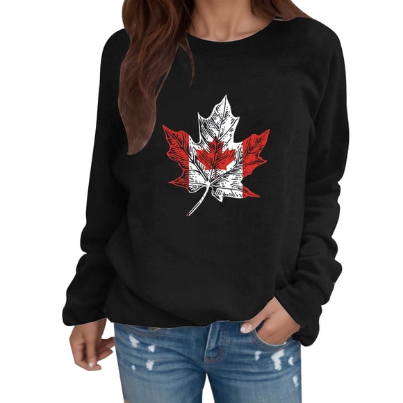 Fgnfyis Women Canadian Maple Leaf Print Round Neck Long Sleeve Casual Pullover Sweater Womens Sweatshirts Black M