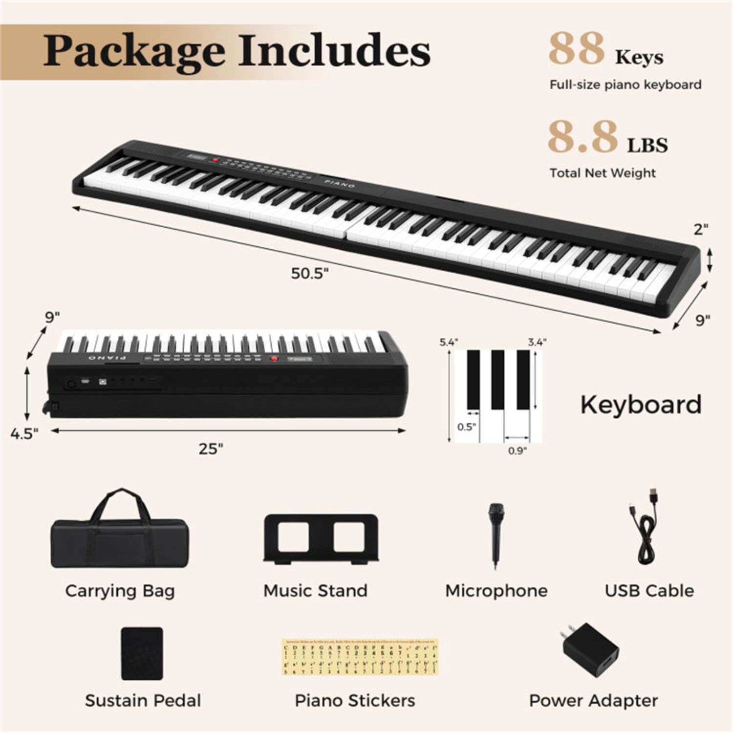 88-Key Semi-Weighted Foldable Digital Piano, 128.27×22.86×5.08 cm Light-Up Keys Keyboard with 3 Teaching Modes for Beginners, Black & White