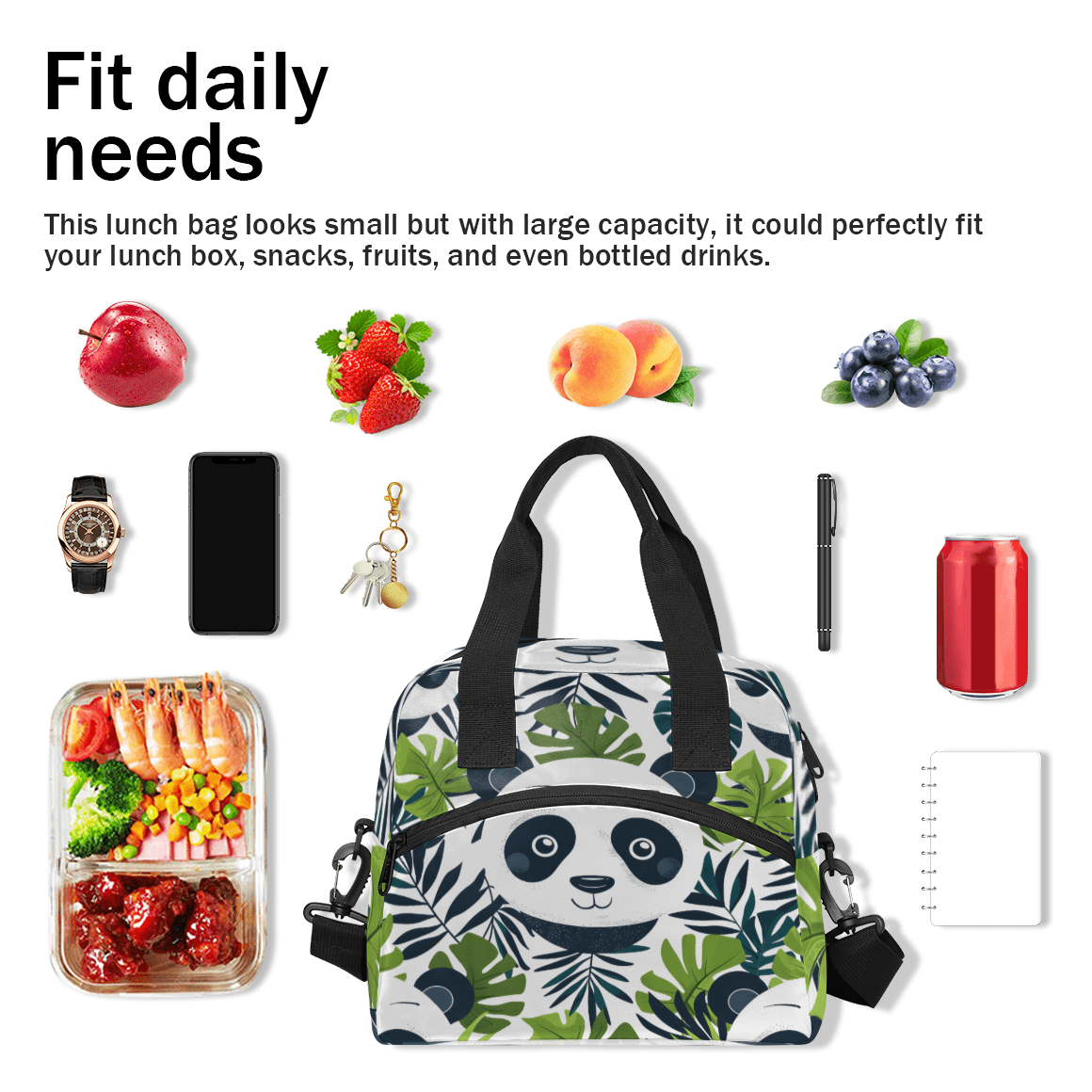 Herdesigns Cute Panda Insulated Lunch Bag for Women Men Adults Large Reusable Lunch Box Green Leaves Leakproof Cooler Tote Bags with Adjustable Shoulder Strap
