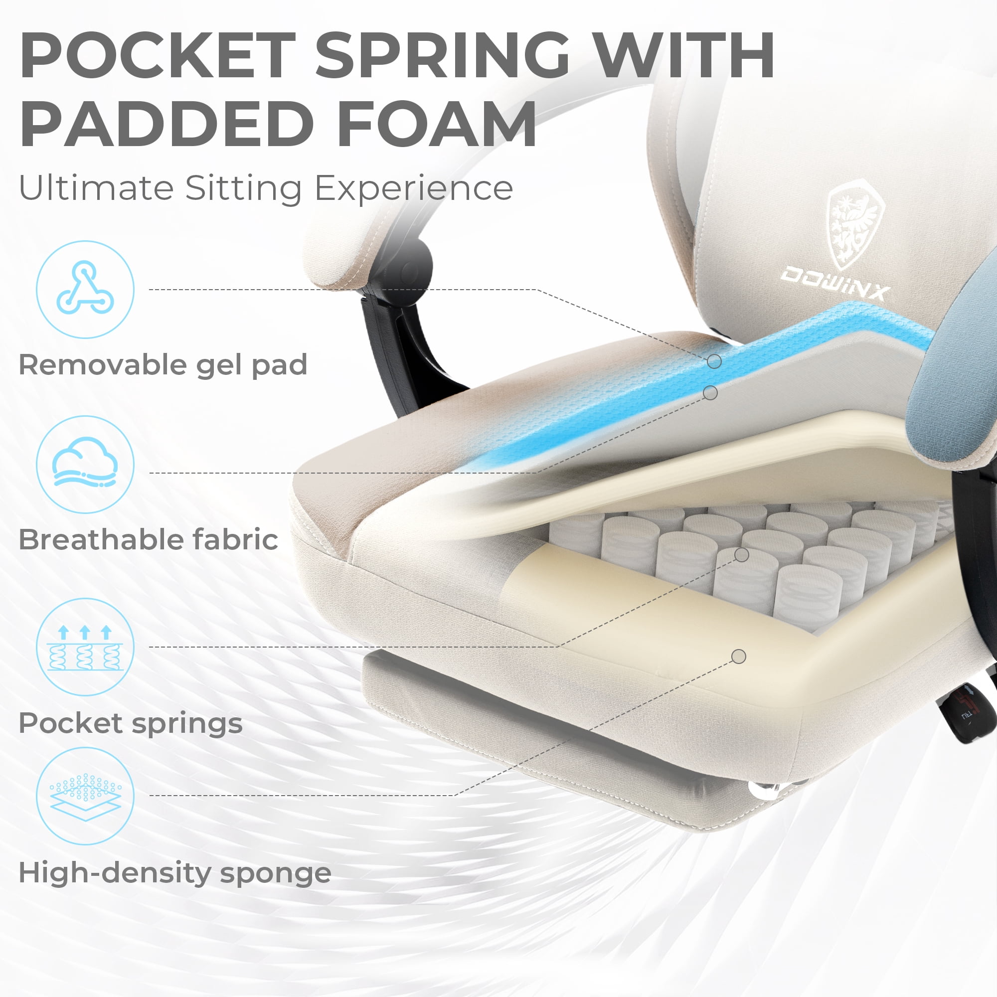 GOOSEA Breathable Fabric Gaming Chair, Comfort Office Chair with Gel Cushion and Storage Bag, Beige