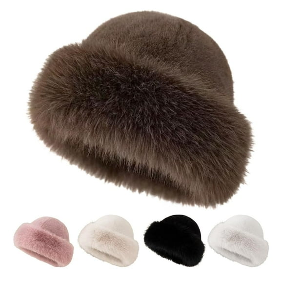Womens Winter Faux Fur Bucket Hat, 2026 New Warm Faux Mink Plush Hat Fluffy Fisherman Fuzzy Bucket Hat(Brown)