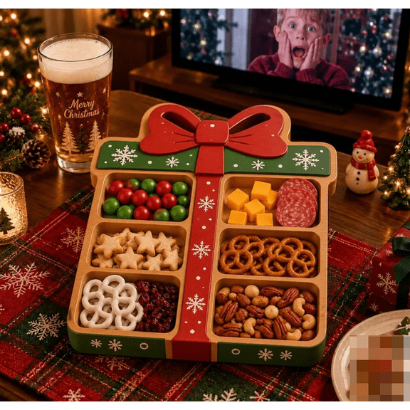 Christmas Gift Box Charcuterie Board, Holiday Snack Serving Tray with Compartments, Perfect for Cheese, Crackers, Veggies, Dip, and More, Ideal for Xmas Parties, Family Gatherings