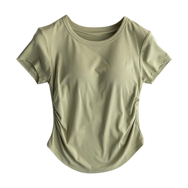 JGGSPWM T-Shirts d'Été pour Femmes Col Rond Manches Courtes Plissés Raccourcis avec Coussin de Poitrine Mode Unie Blouses d'Entraînement Vert S