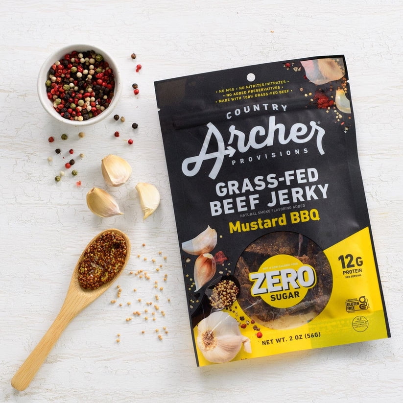 Pack of 12, Country Archer Zero Sugar Mustard BBQ Beef Jerky, 2 oz​