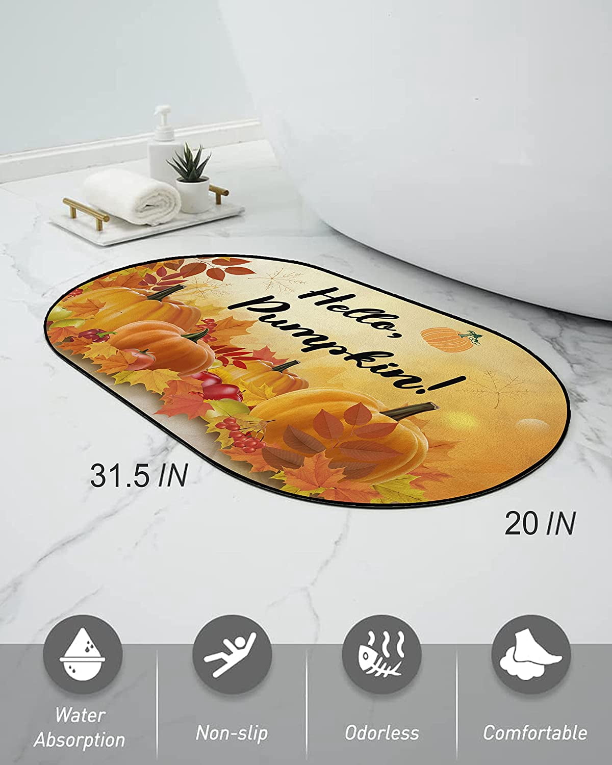 Hello Pumpkin Funny Diatomaceous Earth Bath Mat - Fall Rubber Non Slip Quick Dry Super Absorbent Washable Bathroom Rugs Doormat Fit Under Door（Oval,31.5×20 inch）